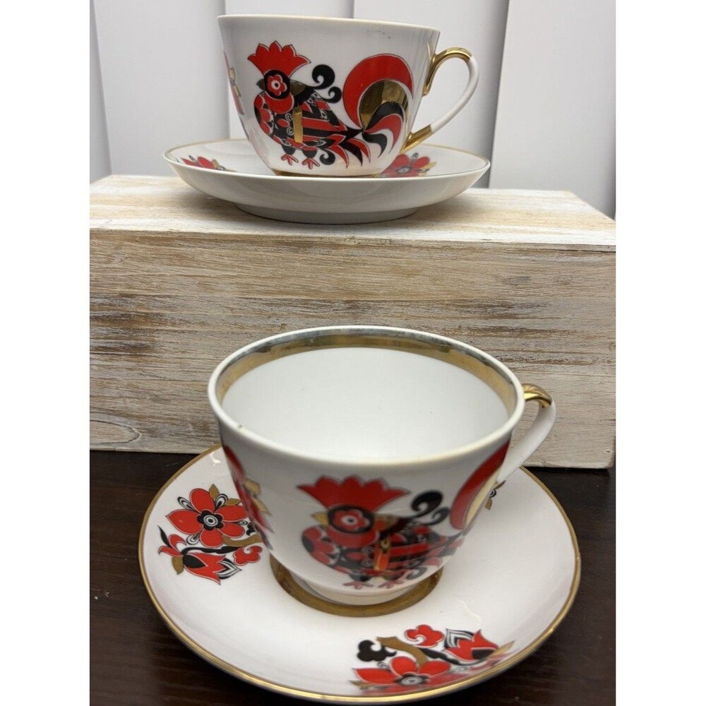 Imperial Porcelain Lomonosov Red Rooster Cup And Saucer Set